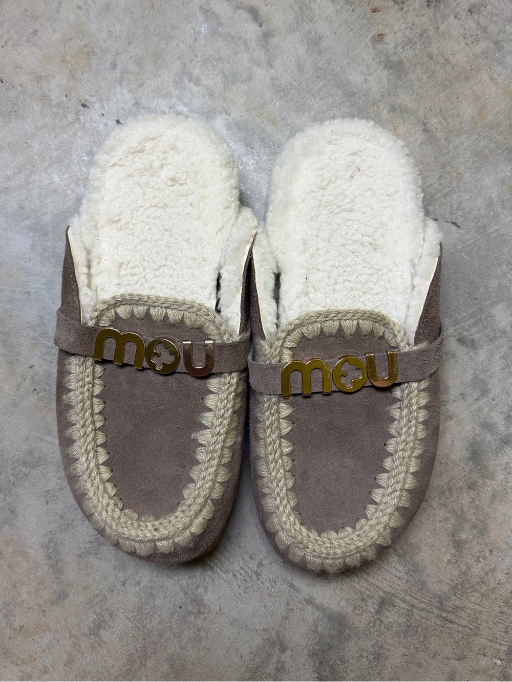 Mou Taupe Shearling-Lined Slip-On Slippers with Gold Logo